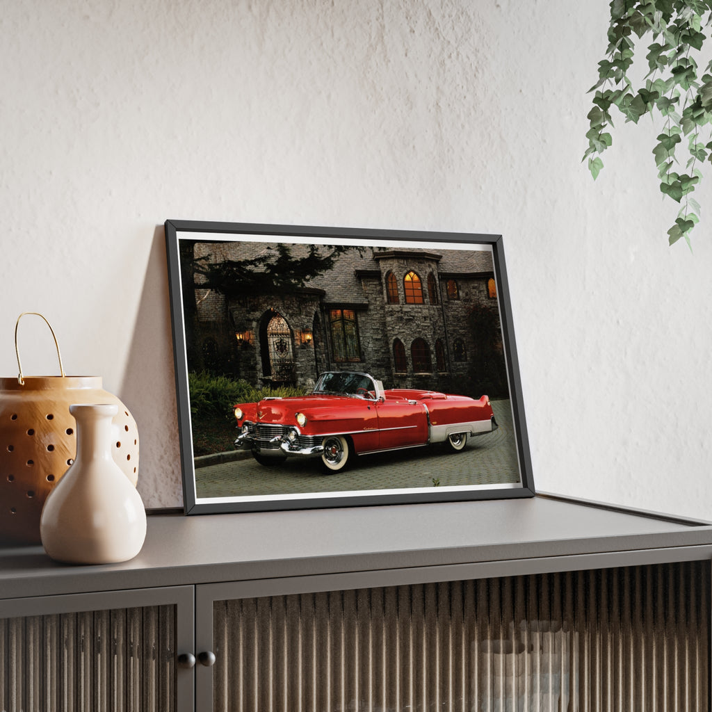 Vintage Red Convertible Poster with Wooden Frame — Classic Car Wall Art