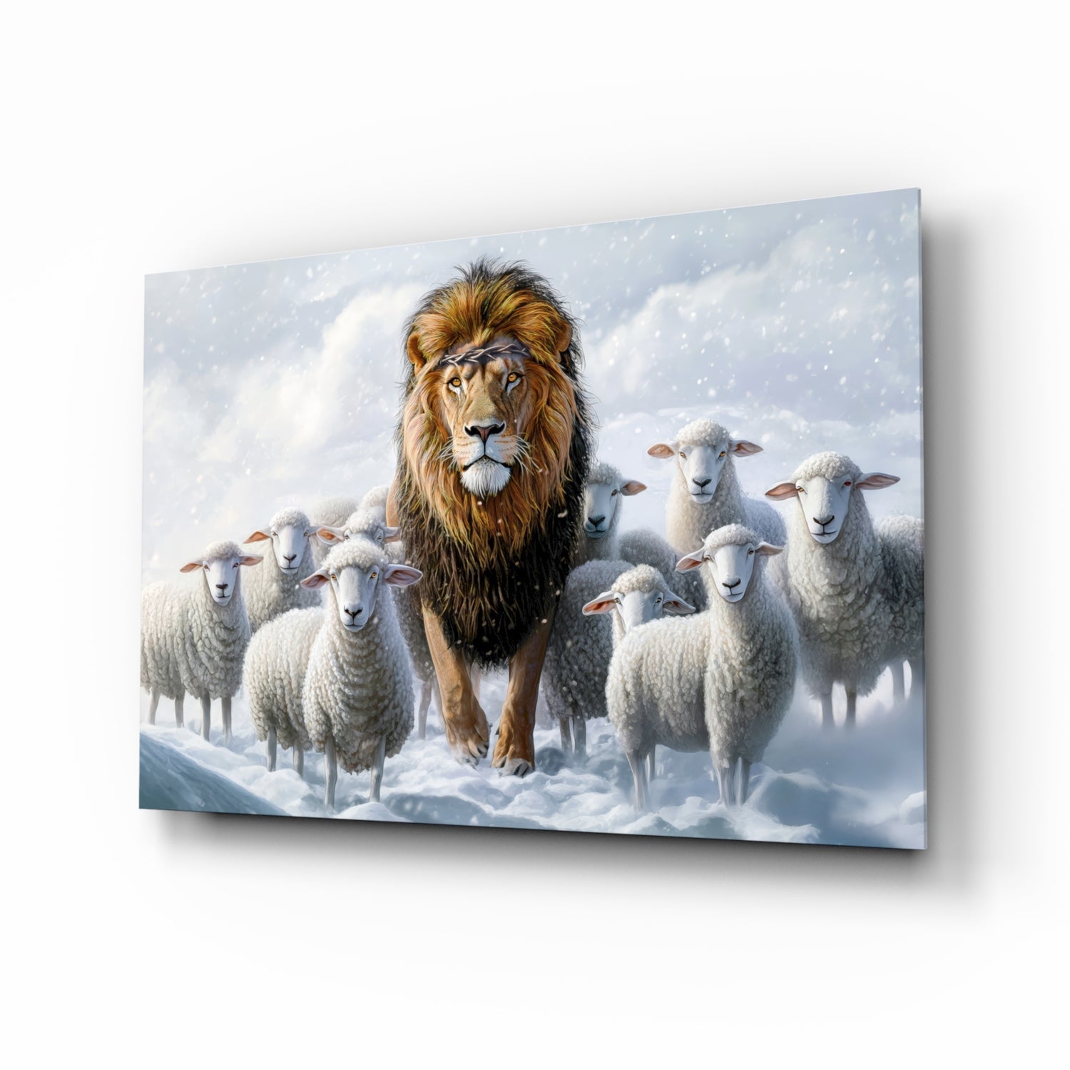 The Lion and the Lambs: Snowy Kingdom Glass Wall Art || Designer Collection-0