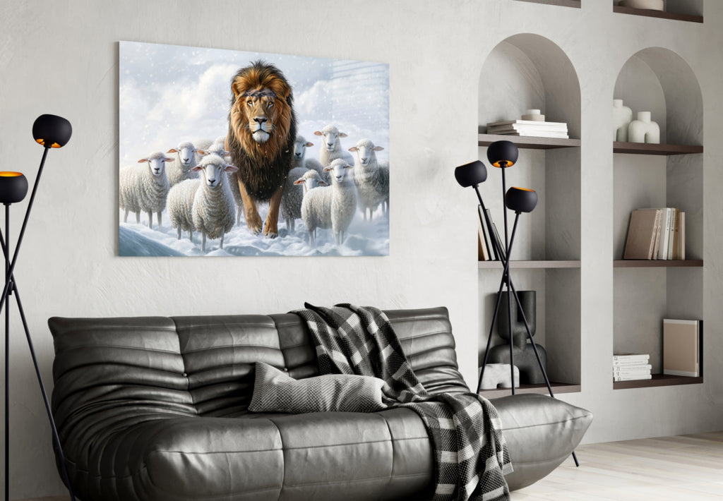 The Lion and the Lambs: Snowy Kingdom Glass Wall Art || Designer Collection-3