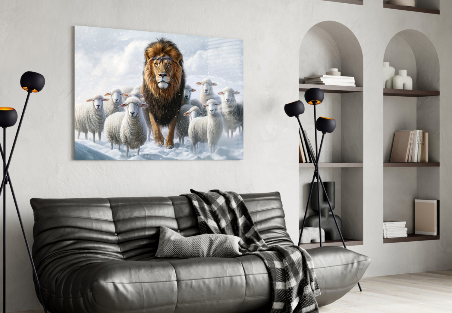 The Lion and the Lambs: Snowy Kingdom Glass Wall Art || Designer Collection-3