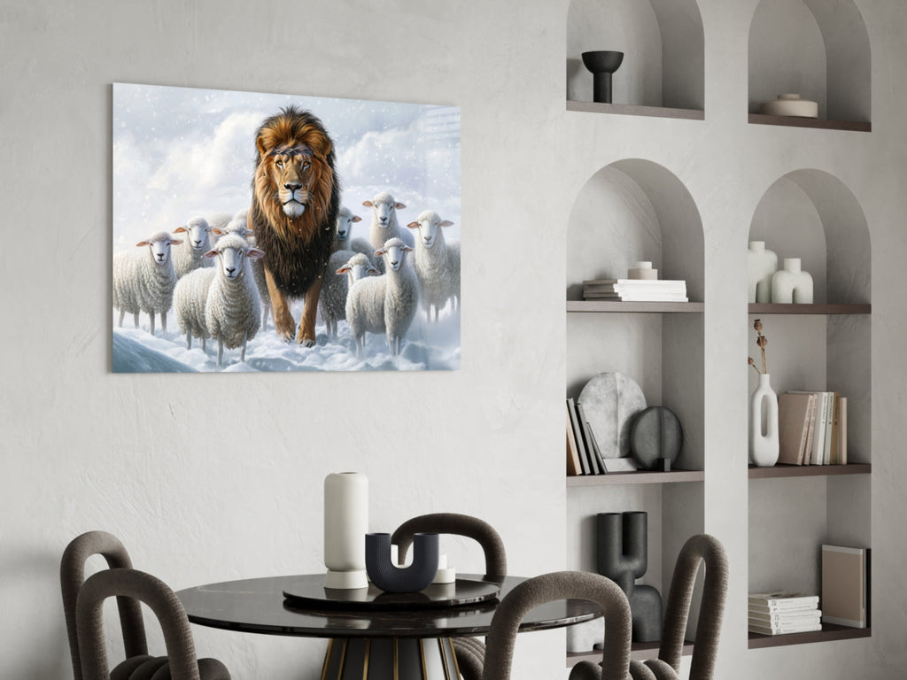 The Lion and the Lambs: Snowy Kingdom Glass Wall Art || Designer Collection-4